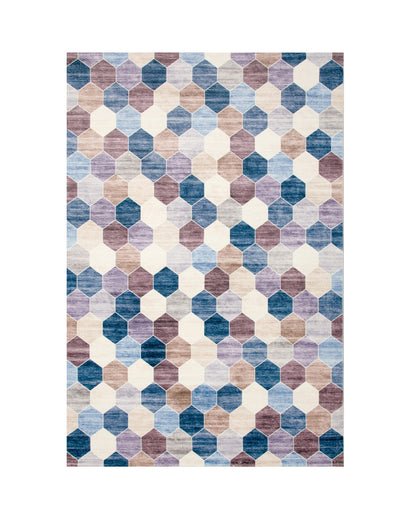 4' X 6' Ivory and Blue Geometric Distressed Area Rug