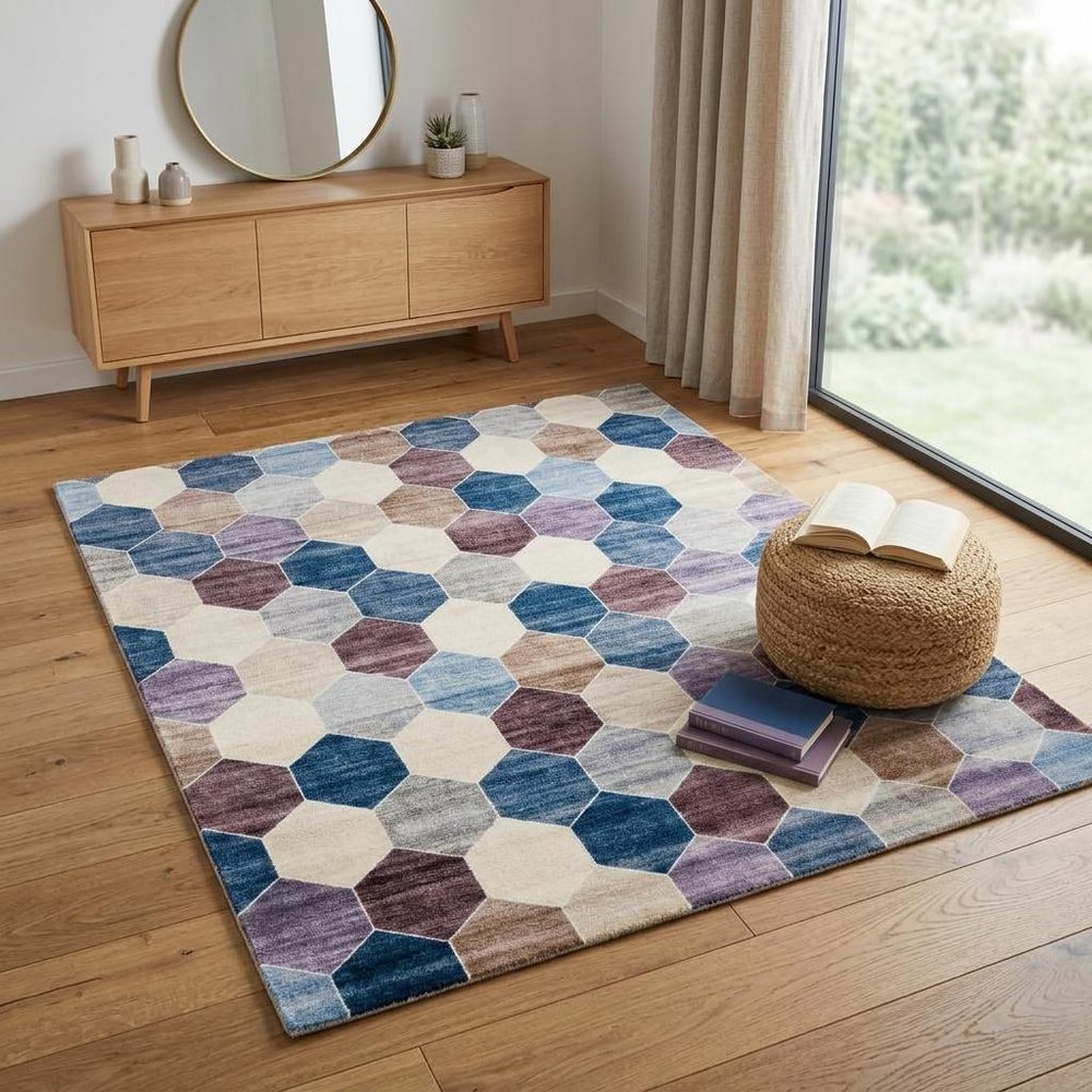 4' X 6' Ivory and Blue Geometric Distressed Area Rug