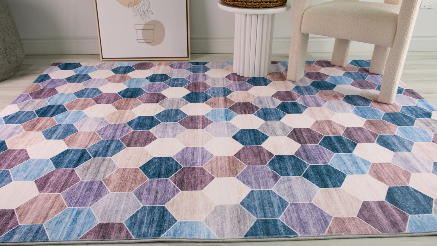 4' X 6' Ivory and Blue Geometric Distressed Area Rug