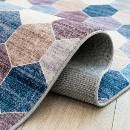 5' X 8' Ivory and Blue Geometric Distressed Area Rug