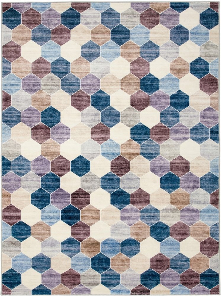 5' X 8' Ivory and Blue Geometric Distressed Area Rug