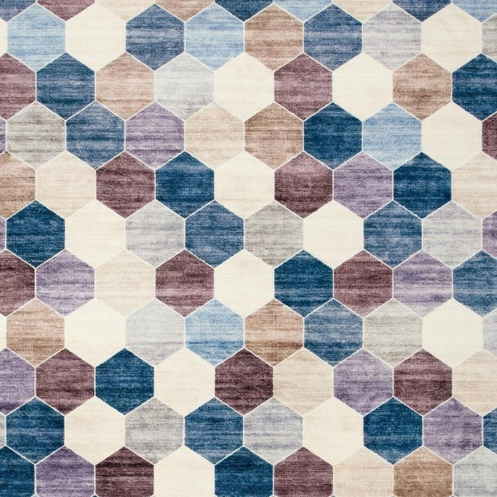 5' X 8' Ivory and Blue Geometric Distressed Area Rug