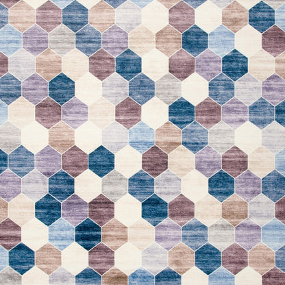 5' X 8' Ivory and Blue Geometric Distressed Area Rug