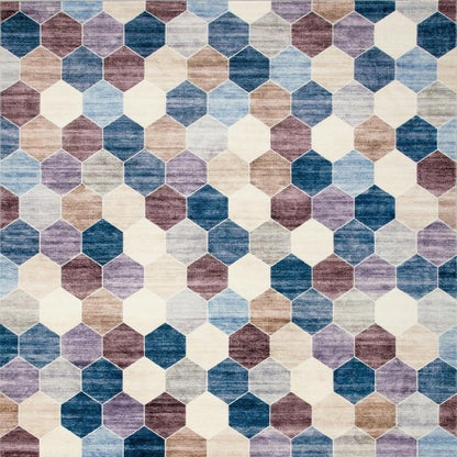 5' X 8' Ivory and Blue Geometric Distressed Area Rug