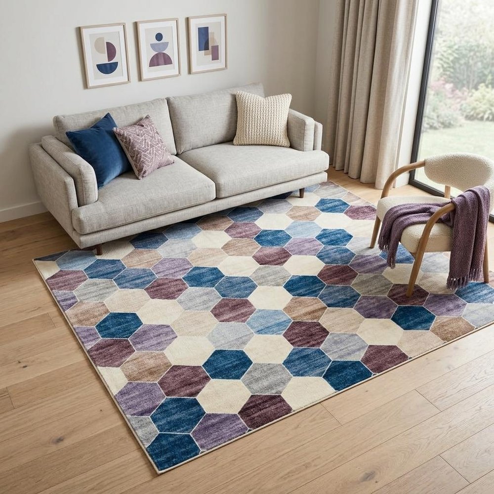 5' X 8' Ivory and Blue Geometric Distressed Area Rug