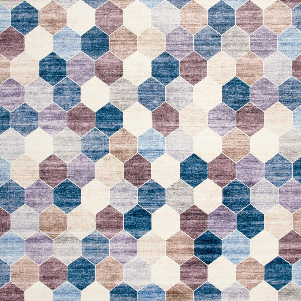 5' X 8' Ivory and Blue Geometric Distressed Area Rug