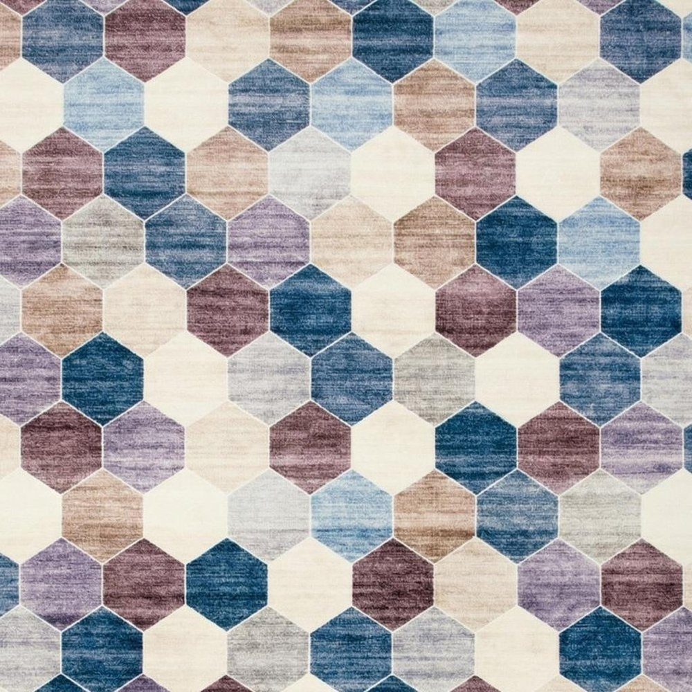 7' X 10' Ivory and Blue Geometric Distressed Area Rug