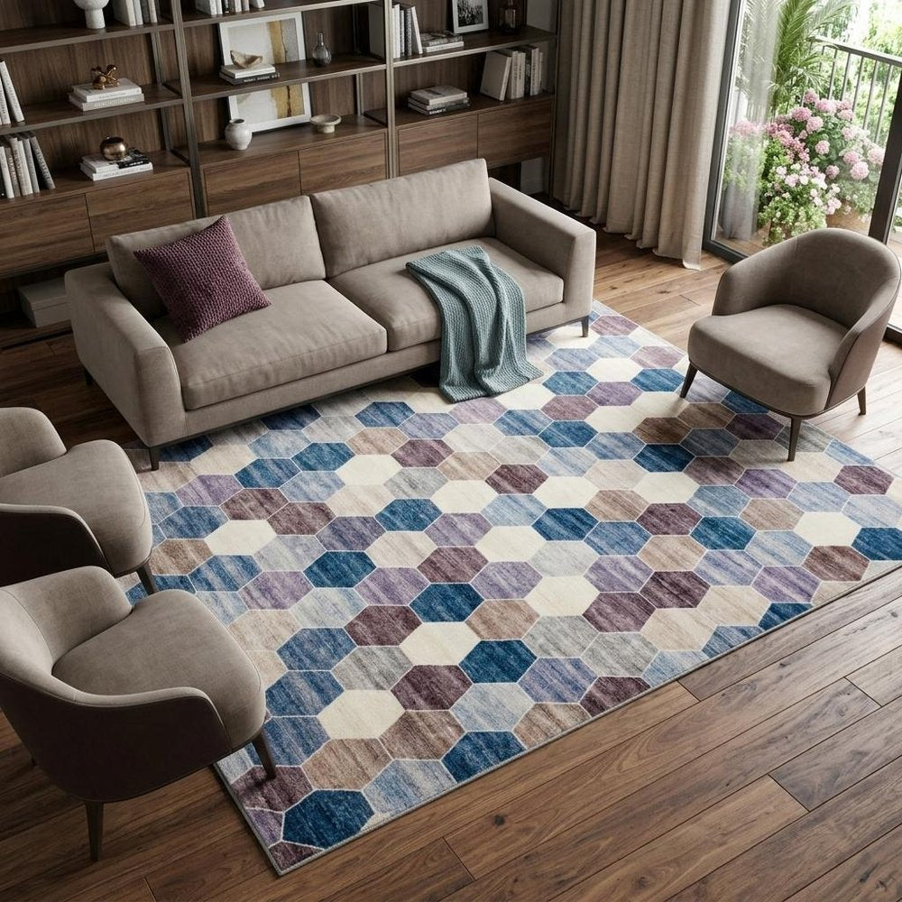7' X 10' Ivory and Blue Geometric Distressed Area Rug