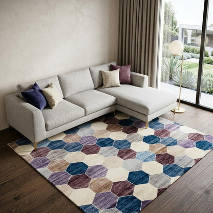 7' X 10' Ivory and Blue Geometric Distressed Area Rug