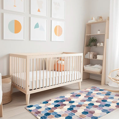 7' X 10' Ivory and Blue Geometric Distressed Area Rug