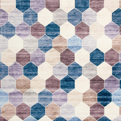 7' X 10' Ivory and Blue Geometric Distressed Area Rug