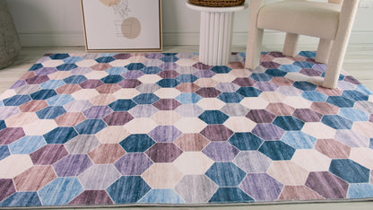 7' X 10' Ivory and Blue Geometric Distressed Area Rug