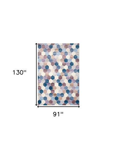 8' X 11' Ivory and Blue Geometric Distressed Area Rug