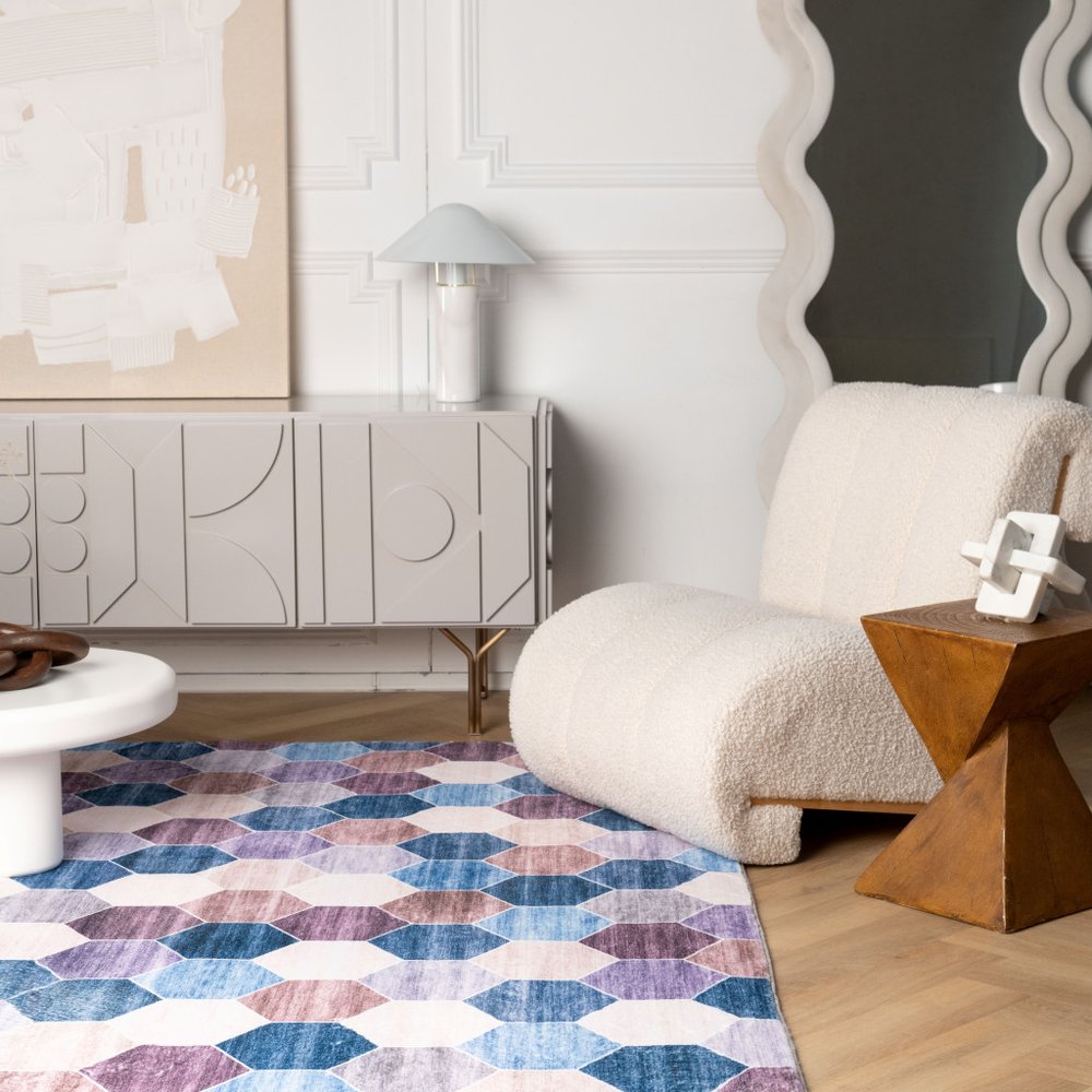 8' X 11' Ivory and Blue Geometric Distressed Area Rug