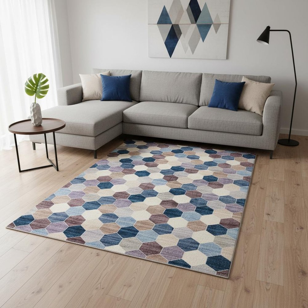 8' X 11' Ivory and Blue Geometric Distressed Area Rug