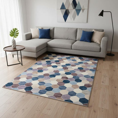 8' X 11' Ivory and Blue Geometric Distressed Area Rug