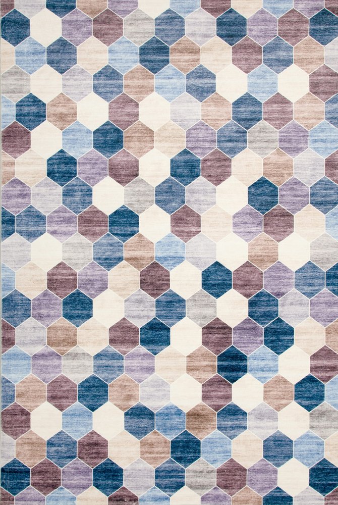 8' X 11' Ivory and Blue Geometric Distressed Area Rug