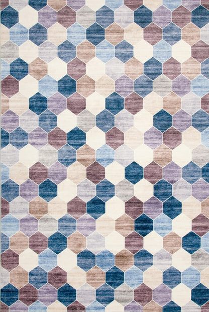 8' X 11' Ivory and Blue Geometric Distressed Area Rug