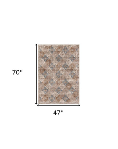 4' X 6' Brown and Blue Floral Distressed Area Rug