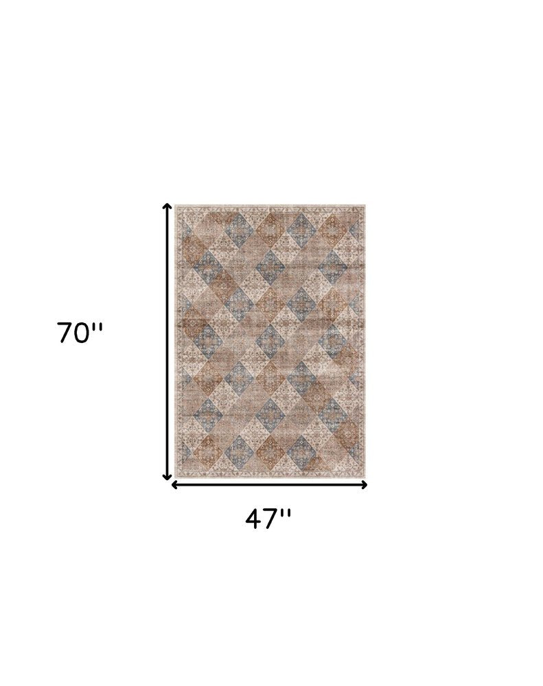 4' X 6' Brown and Blue Floral Distressed Area Rug