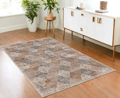 4' X 6' Brown and Blue Floral Distressed Area Rug
