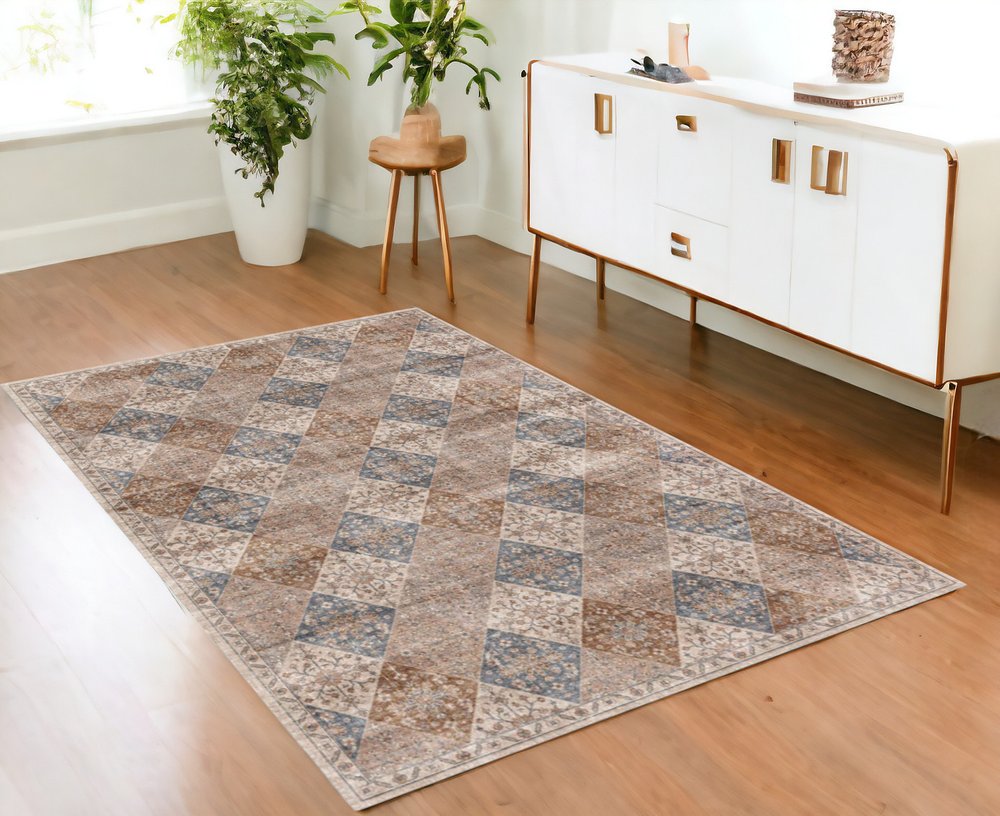 4' X 6' Brown and Blue Floral Distressed Area Rug