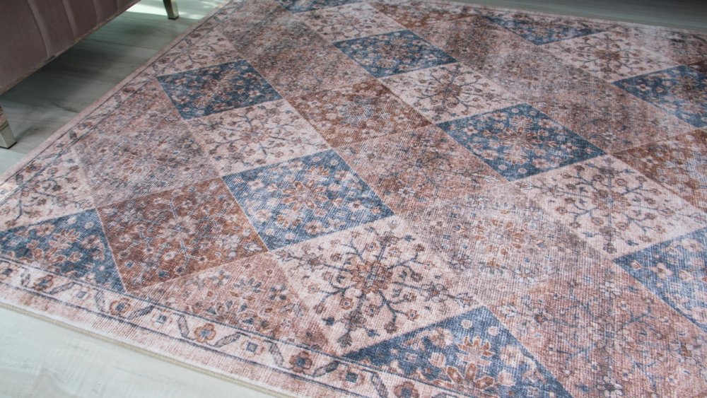 4' X 6' Brown and Blue Floral Distressed Area Rug
