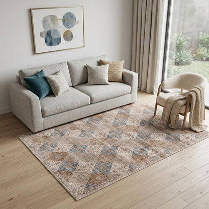 5' X 8' Brown and Blue Floral Distressed Area Rug