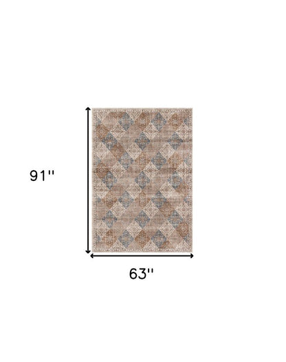 5' X 8' Brown and Blue Floral Distressed Area Rug