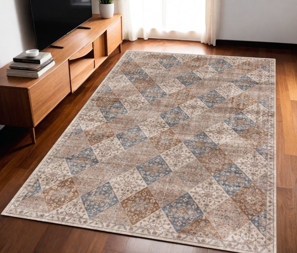 5' X 8' Brown and Blue Floral Distressed Area Rug