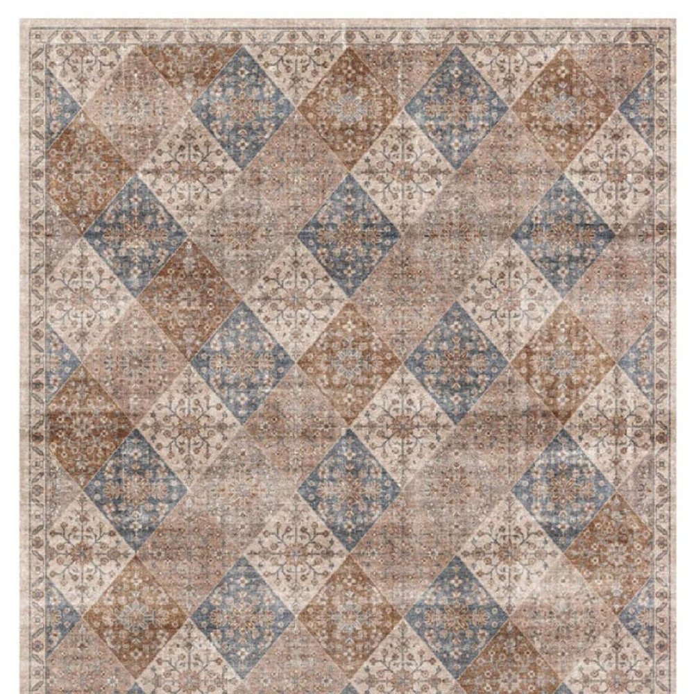 5' X 8' Brown and Blue Floral Distressed Area Rug