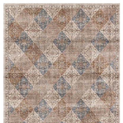 5' X 8' Brown and Blue Floral Distressed Area Rug