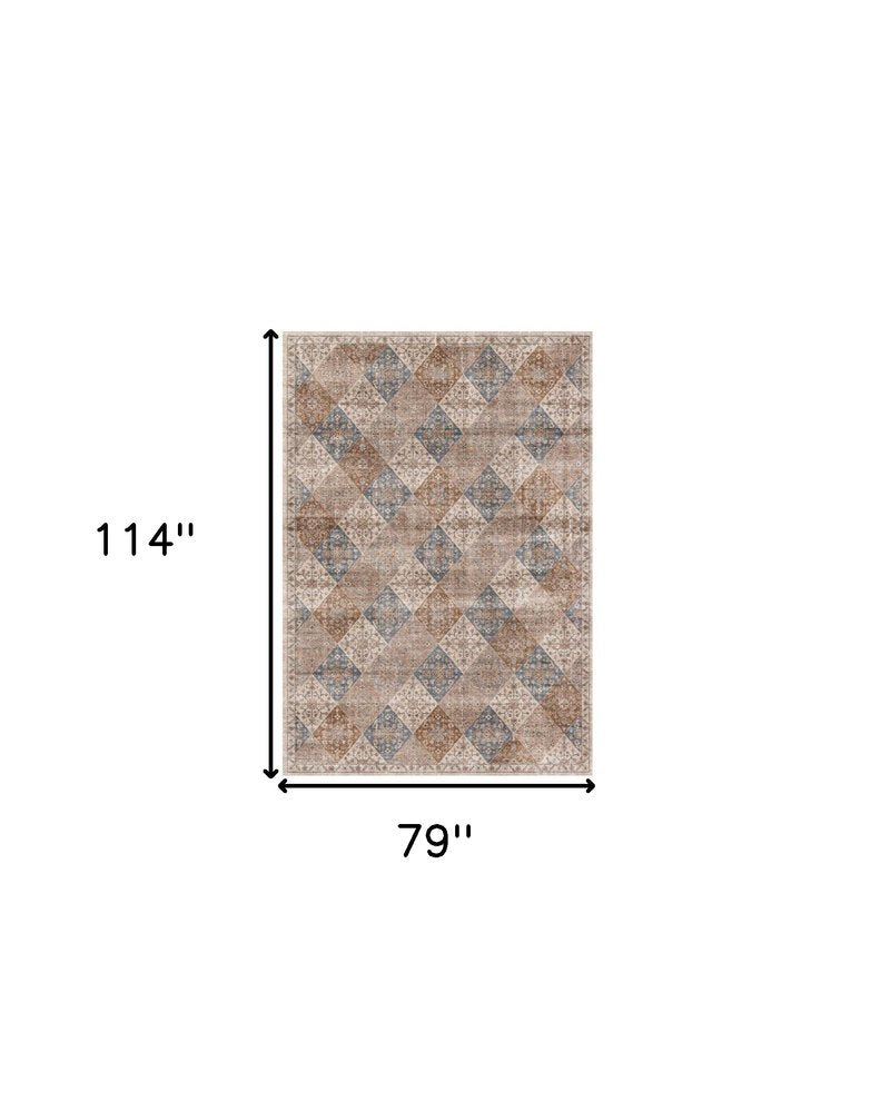 7' X 10' Brown and Blue Floral Distressed Area Rug