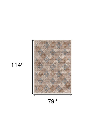 7' X 10' Brown and Blue Floral Distressed Area Rug