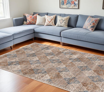 7' X 10' Brown and Blue Floral Distressed Area Rug