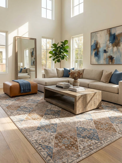 7' X 10' Brown and Blue Floral Distressed Area Rug