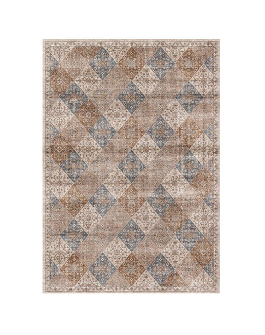 7' X 10' Brown and Blue Floral Distressed Area Rug