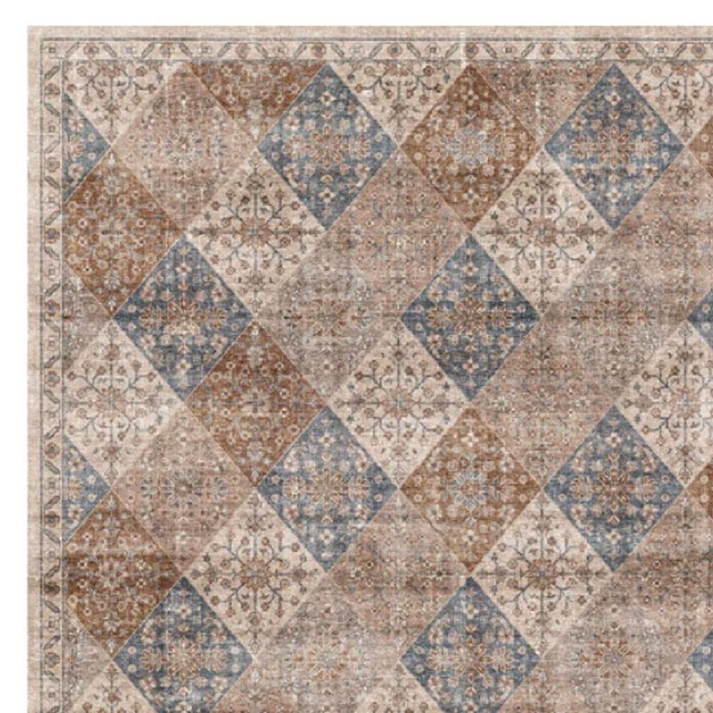 7' X 10' Brown and Blue Floral Distressed Area Rug