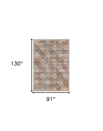 8' X 11' Brown and Blue Floral Distressed Area Rug