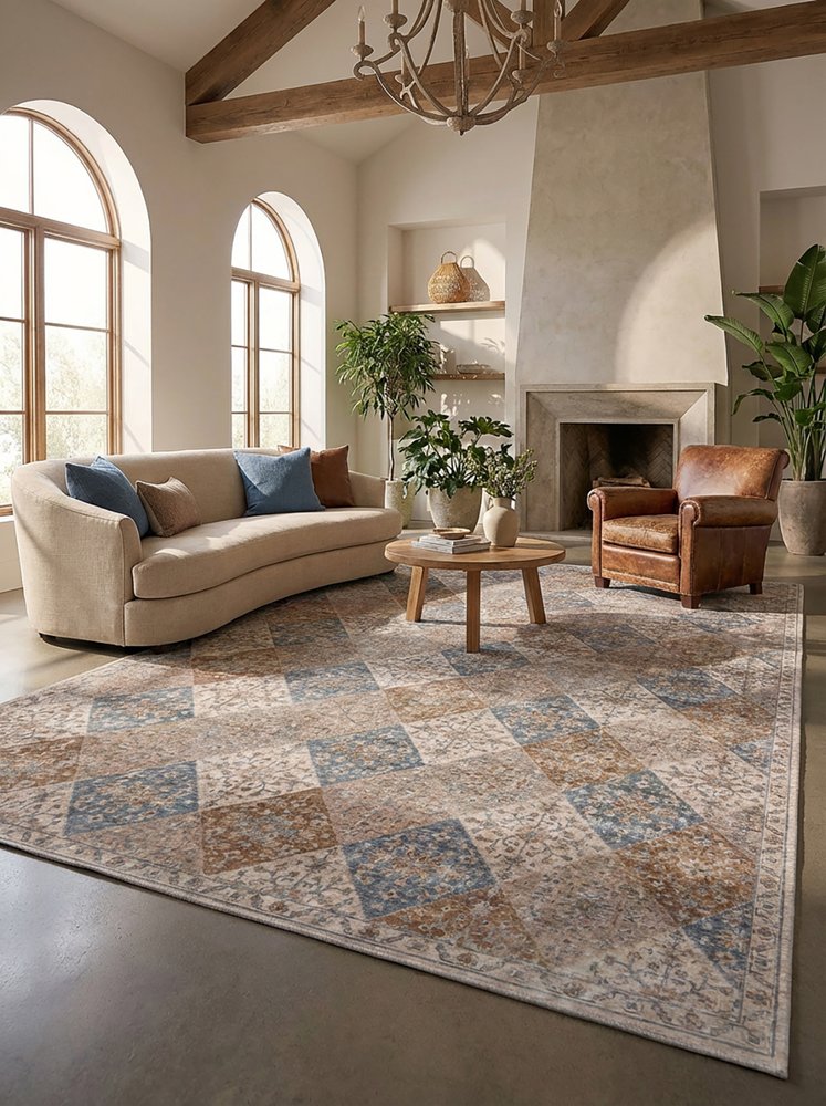 8' X 11' Brown and Blue Floral Distressed Area Rug
