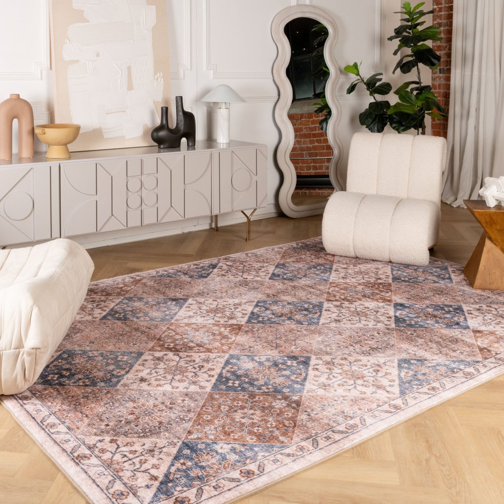 8' X 11' Brown and Blue Floral Distressed Area Rug