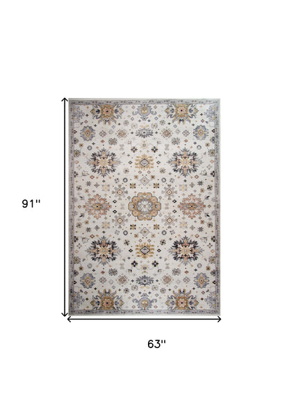 5' X 8' Gray and Gold Floral Area Rug