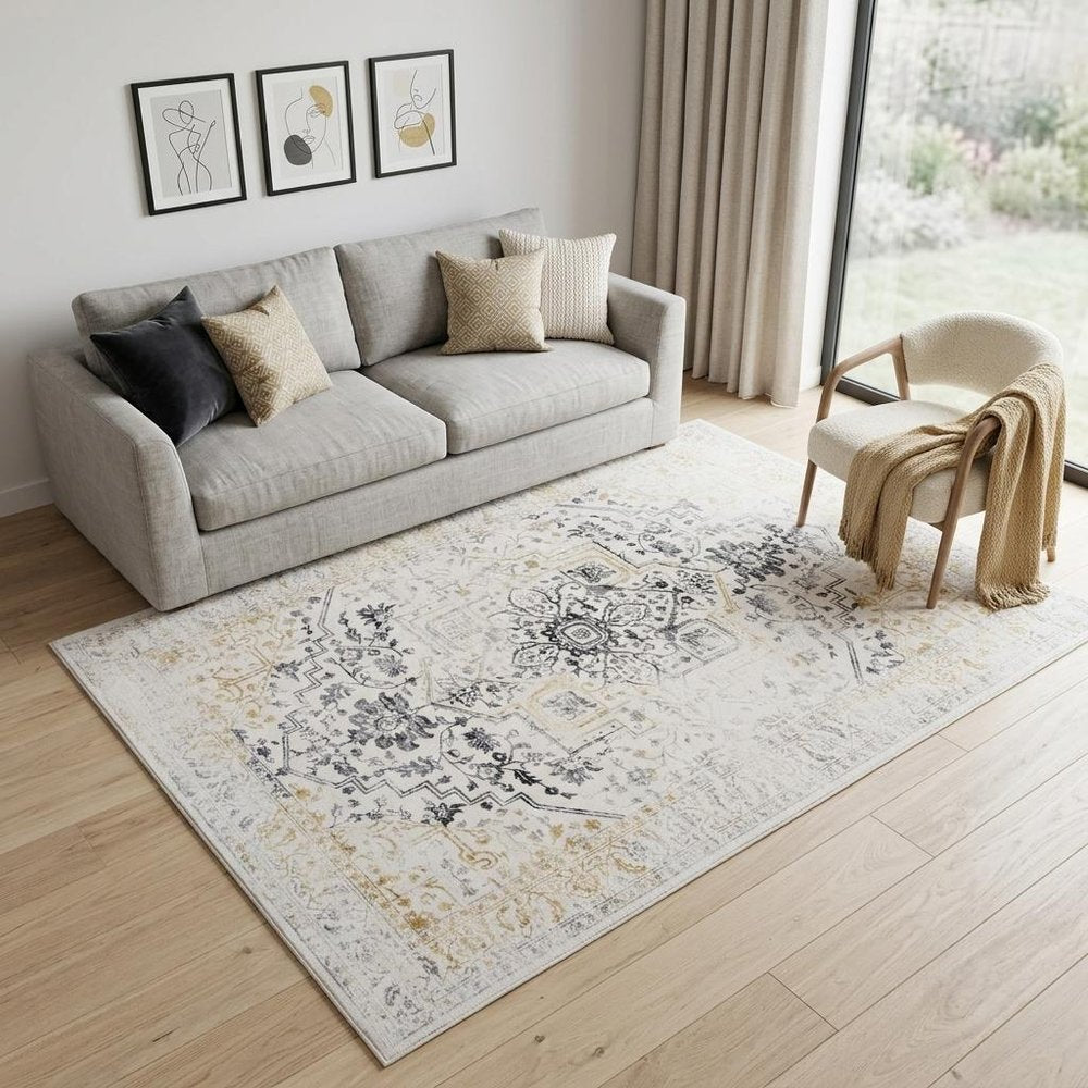 5' X 8' Gray and Gold Oriental Area Rug