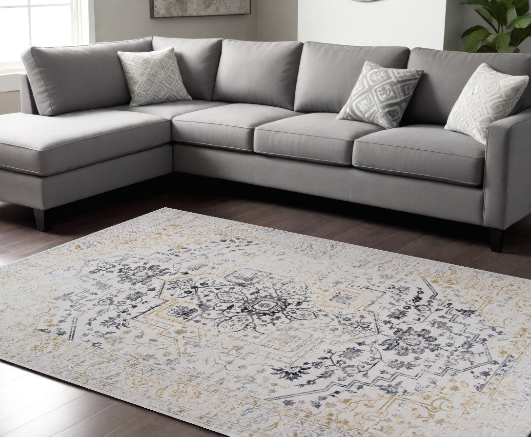 7' X 10' Gray and Gold Oriental Area Rug