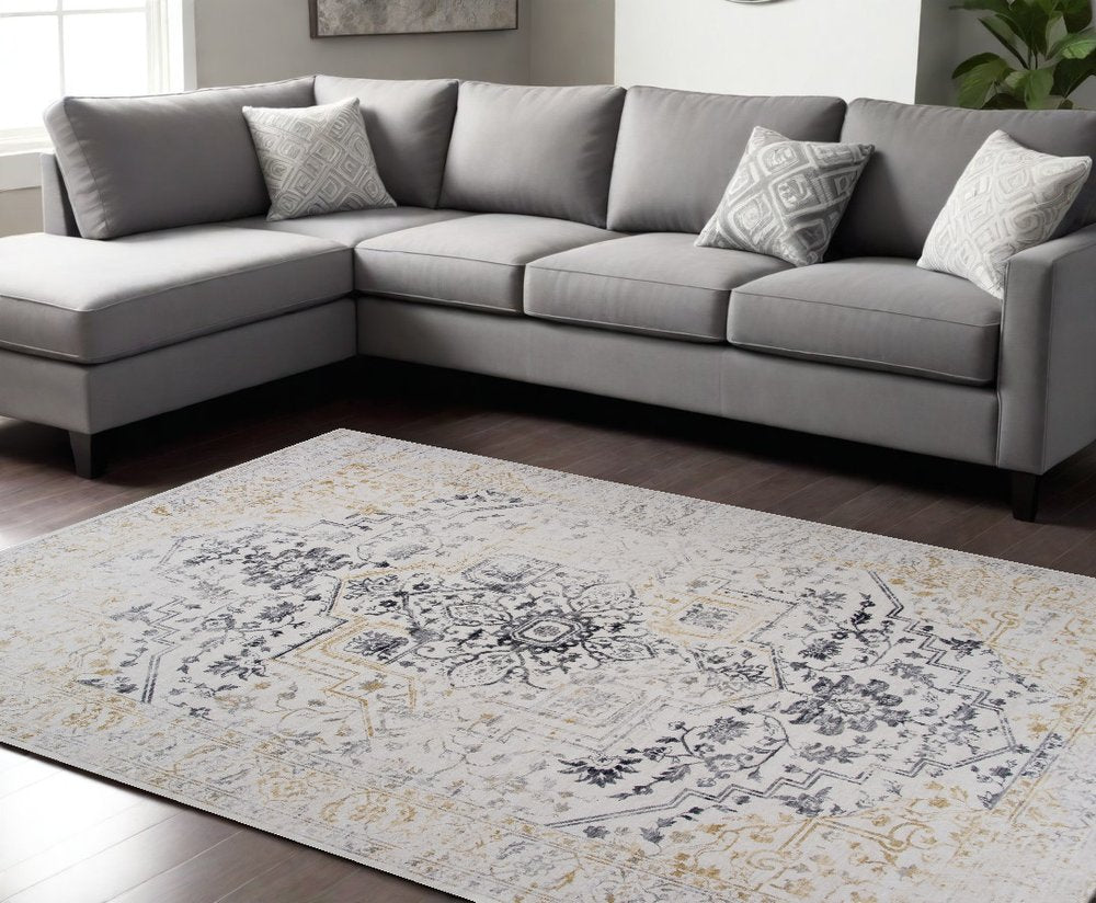 8' X 11' Gray and Gold Oriental Area Rug