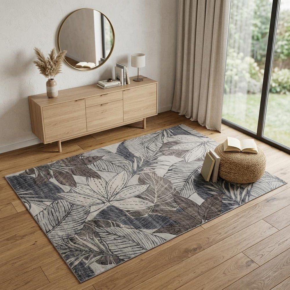 4' X 6' Gray and Brown Floral Distressed Area Rug