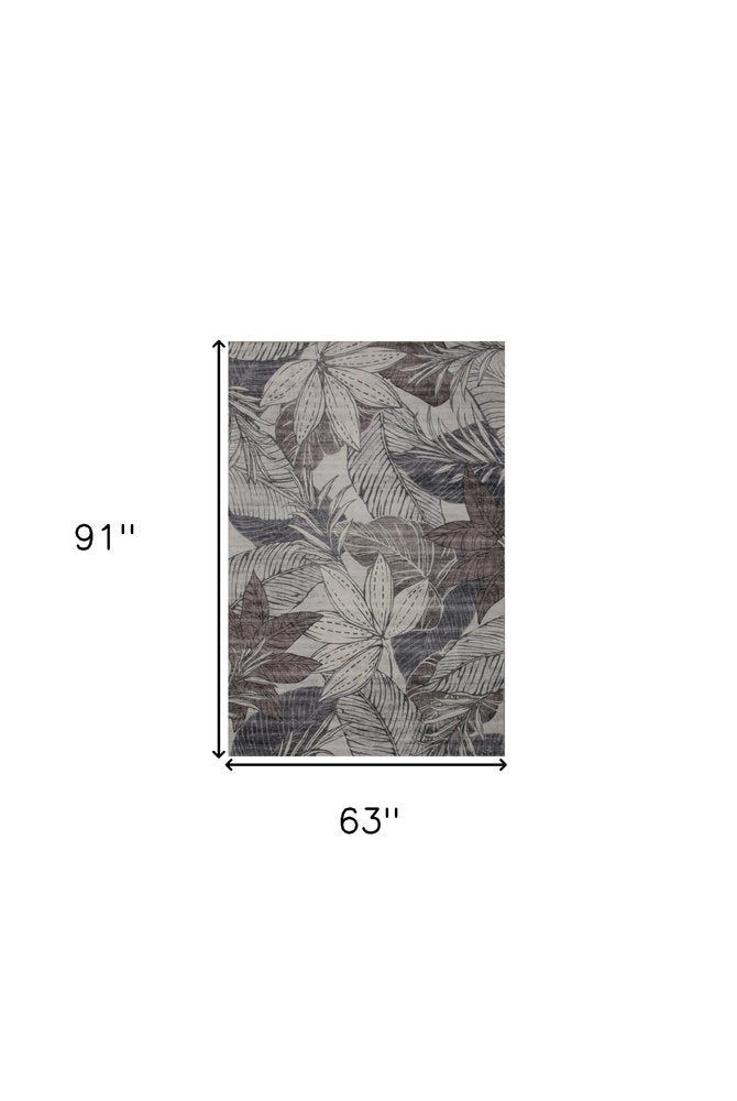 5' X 8' Gray and Brown Floral Distressed Area Rug
