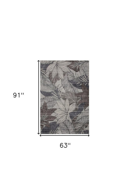 5' X 8' Gray and Brown Floral Distressed Area Rug