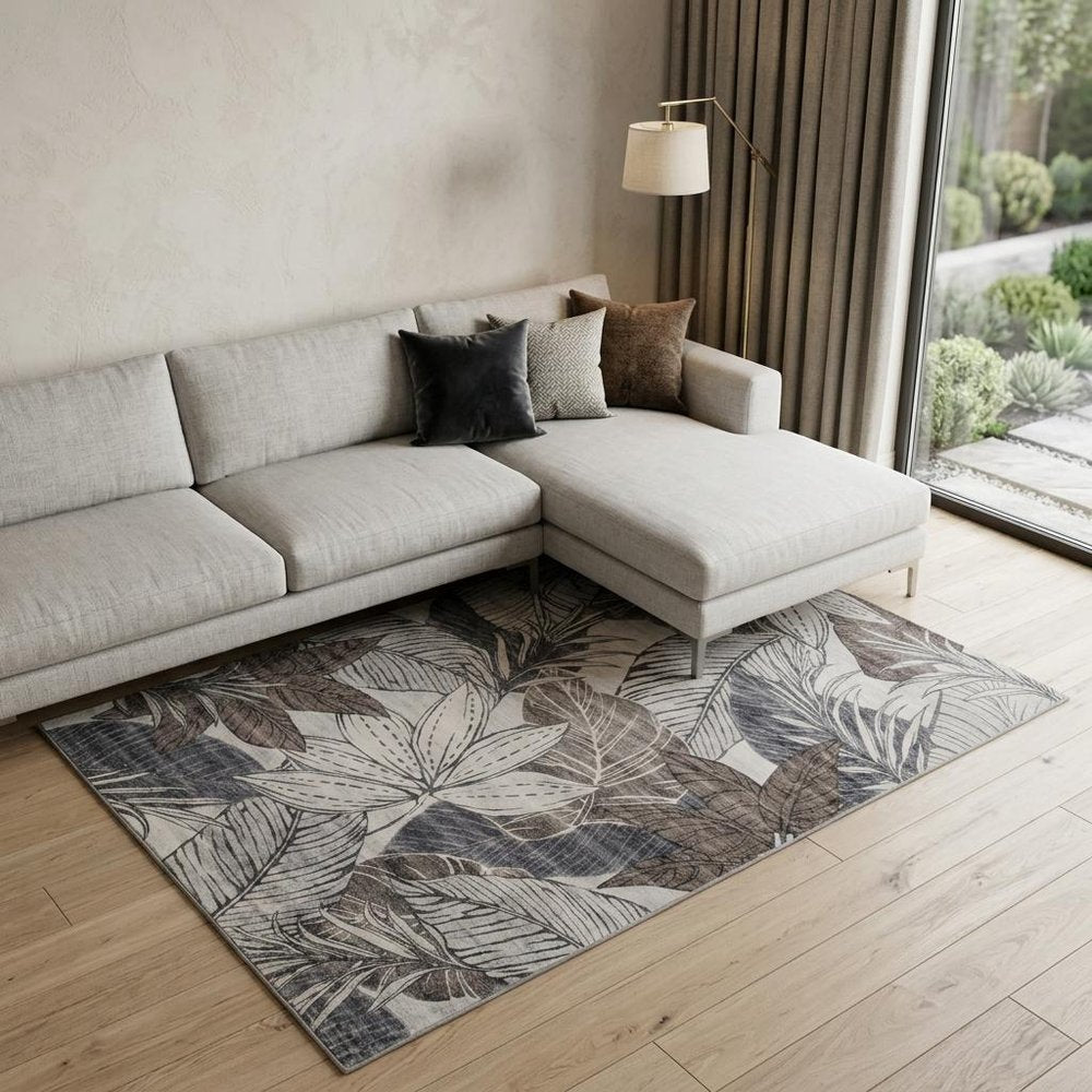 7' X 10' Gray and Brown Floral Distressed Area Rug