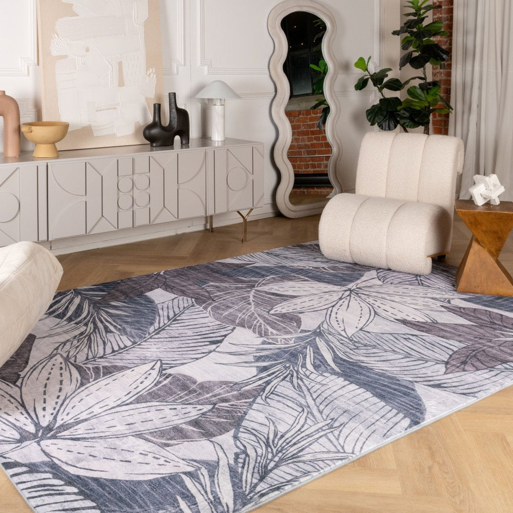 7' X 10' Gray and Brown Floral Distressed Area Rug